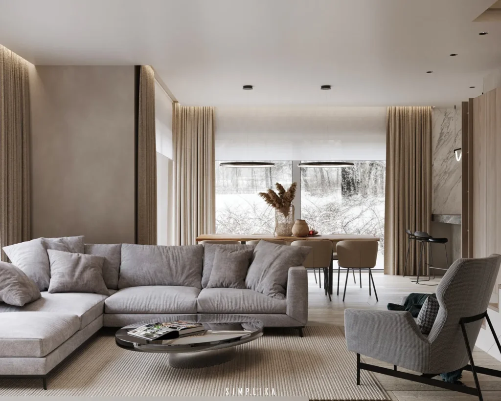 Salon z jadalnią w domu jednorodzinnym 183 m2, projekt wnętrza Simplika
