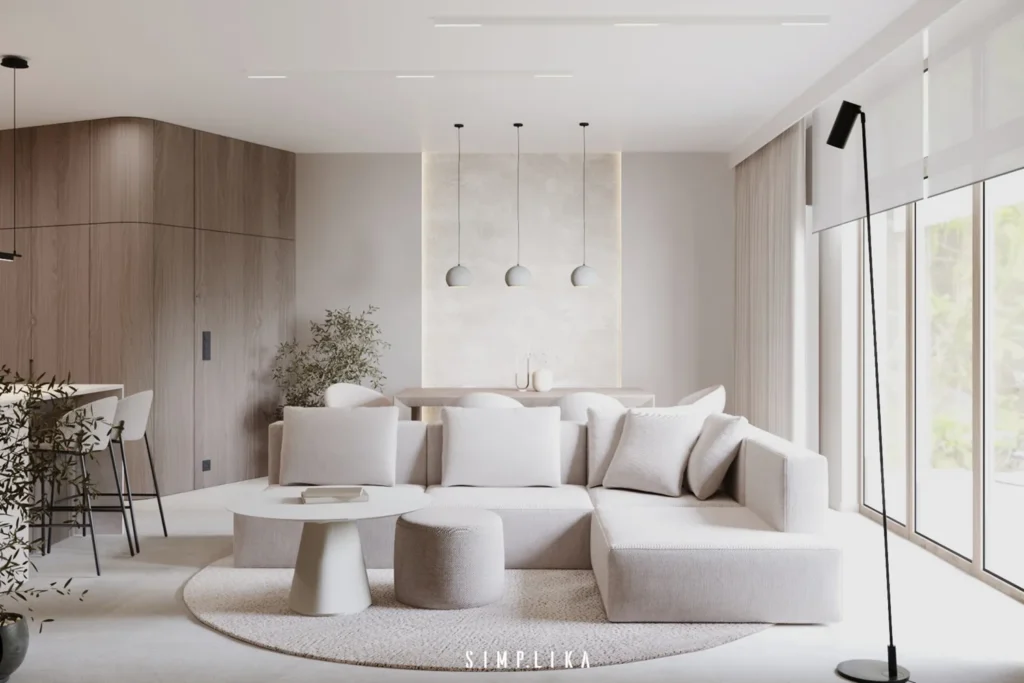 Salon w apartamencie 89 m2 na Kabatach, projekt wnętrza Simplika